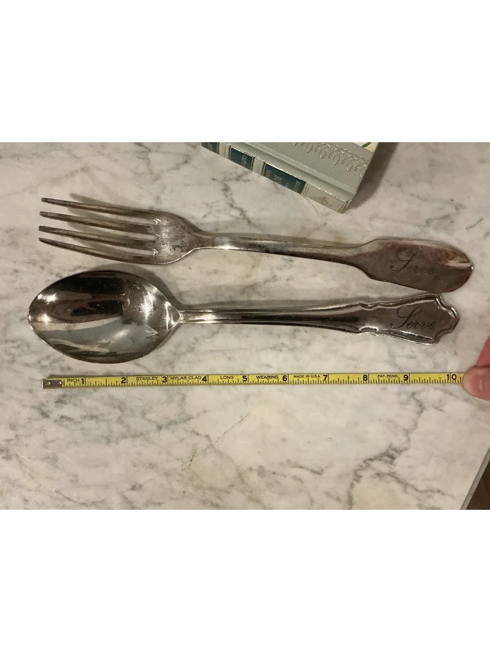 Pottery Barn Silver Serving Fork Spoon Set, Engraved Script, Salad Server
